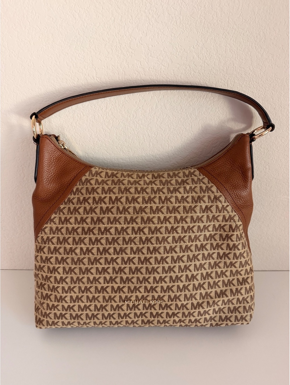 Michael Kors Signature MK Jacquard Hobo Shoulder Crossbody Bag Brown Leather